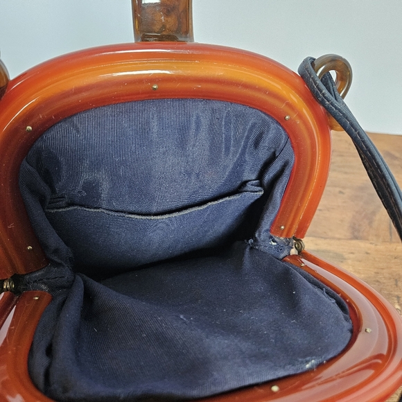 Vintage Mid-century Navy Purse W/ Lucite Or Bakelite Frame And Clasp Women's Bag - Picture 12 of 14
